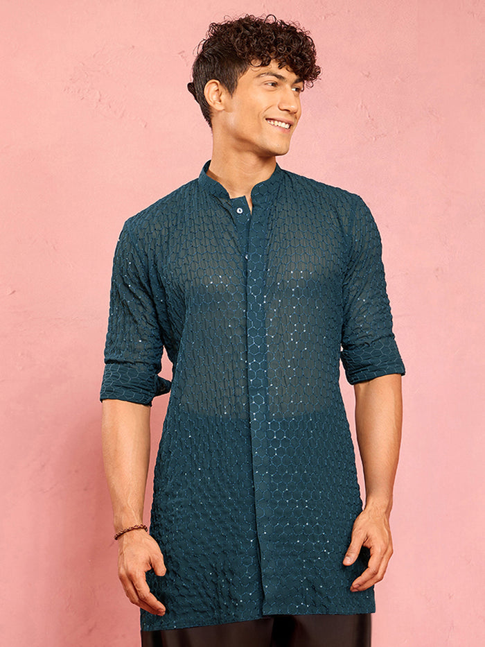 Men's Navy Blue Georgette Sequin & Thread Embroidered Mid-Length Kurta