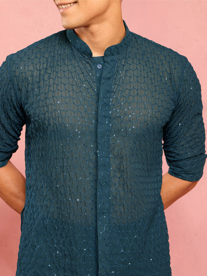 Men's Navy Blue Georgette Sequin & Thread Embroidered Mid-Length Kurta