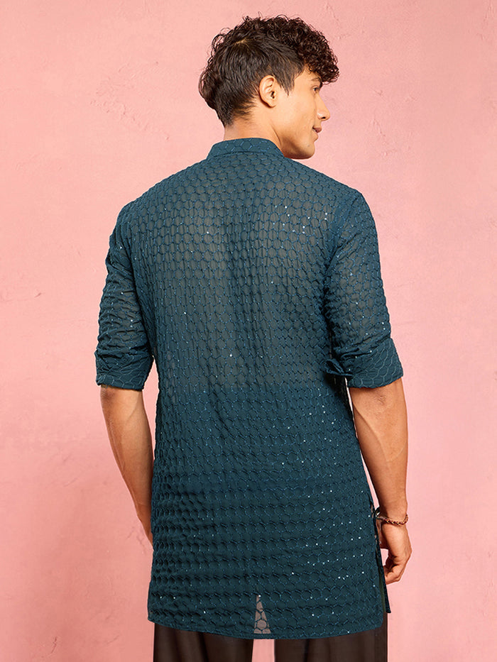 Men's Navy Blue Georgette Sequin & Thread Embroidered Mid-Length Kurta