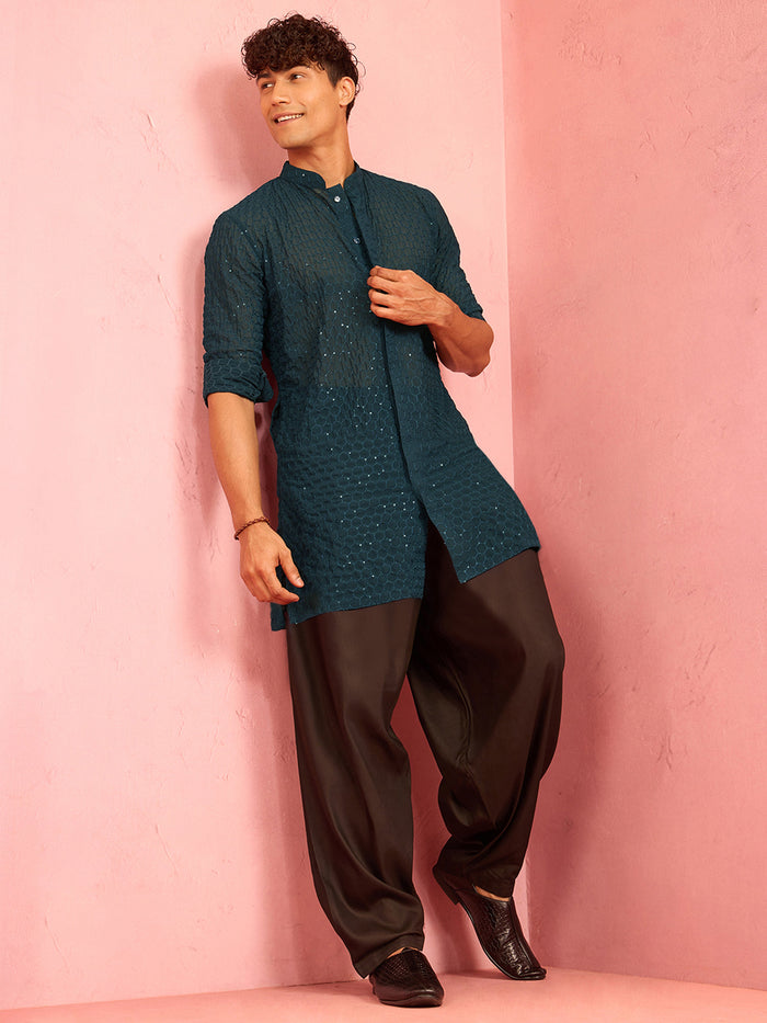 Men's Navy Blue Georgette Sequin & Thread Embroidered Mid-Length Kurta