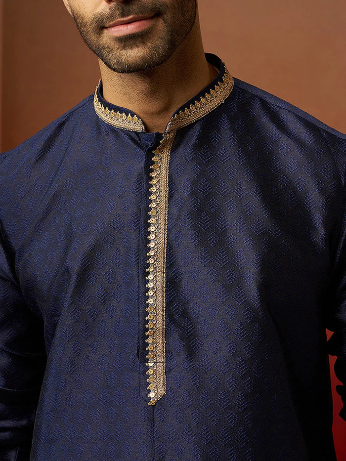 Men's Navy Blue Jacquard Kurta with Cream Churidar Set