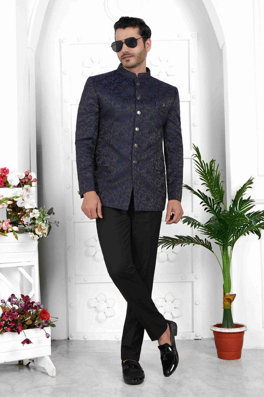 Men's Navy Blue Jacquard Silk Thread Work Jodhpuri Jacket