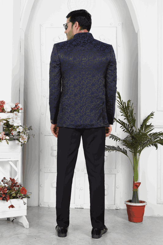 Men's Navy Blue Jacquard Silk Thread Work Jodhpuri Jacket