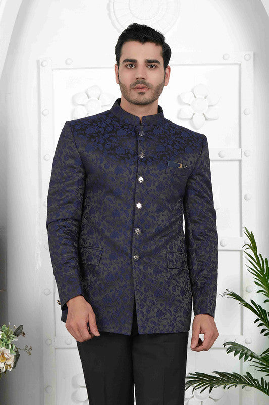 Men's Navy Blue Jacquard Silk Thread Work Jodhpuri Jacket