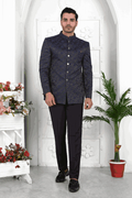 Men's Navy Blue Jacquard Silk Thread Work Jodhpuri Jacket