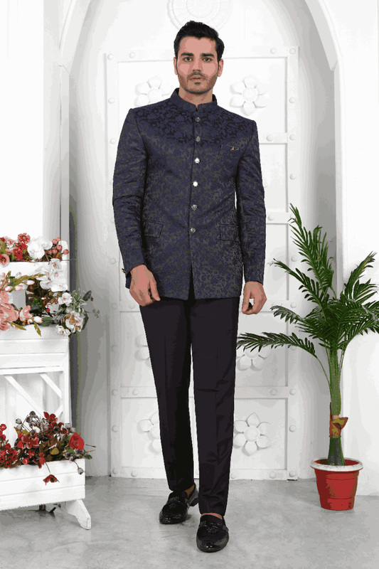 Men's Navy Blue Jacquard Silk Thread Work Jodhpuri Jacket