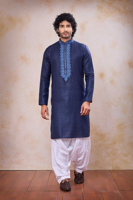 Men's Navy Blue Linen Cotton Embroidery Collar Neck Pajama Set