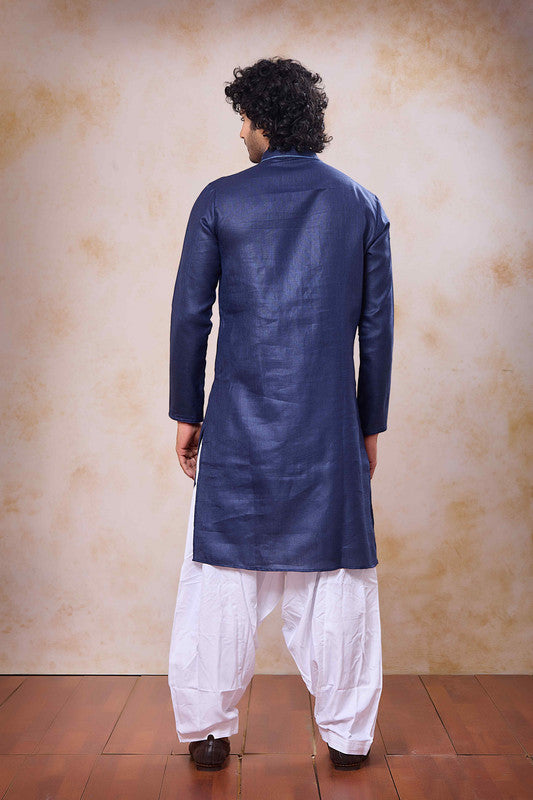 Men's Navy Blue Linen Cotton Embroidery Collar Neck Pajama Set