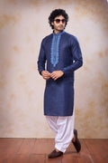 Men's Navy Blue Linen Cotton Embroidery Collar Neck Pajama Set