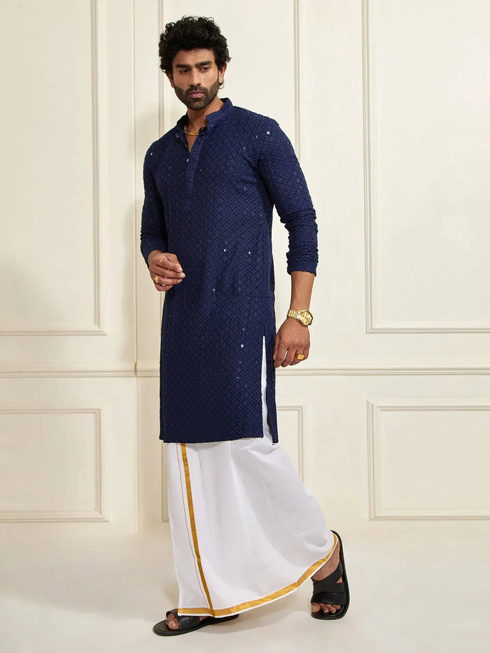Men's Navy Blue Rayon Cotton Kurta