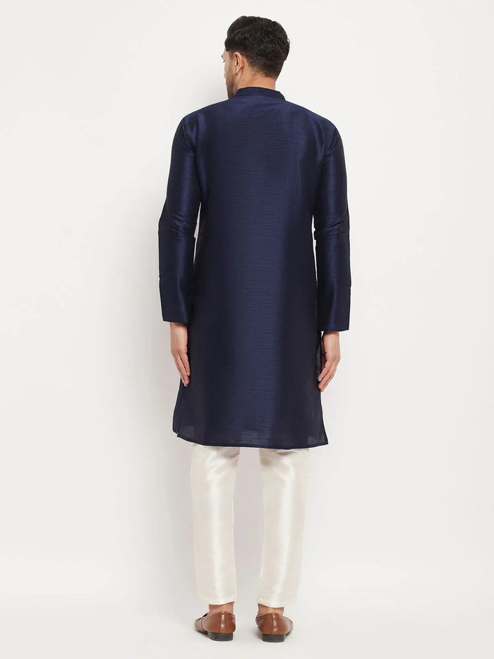 Men's Navy Blue Silk Blend Kurta And Cream Pant Style Pyjama Set