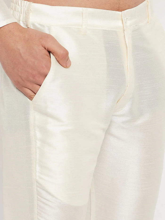 Men's Navy Blue Silk Blend Kurta And Cream Pant Style Pyjama Set