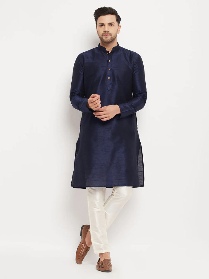 Men's Navy Blue Silk Blend Kurta And Cream Pant Style Pyjama Set