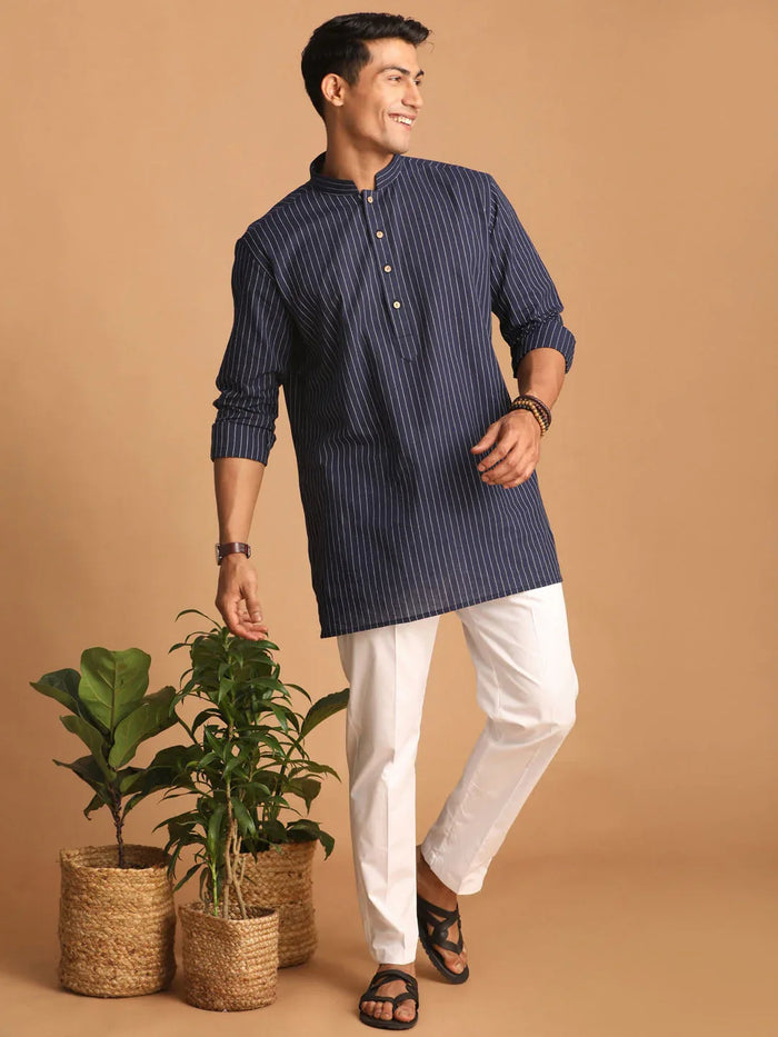 Men's Navy Blue Striped Cotton Short Kurta