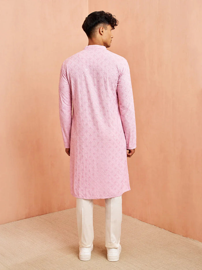 Men's Onion Chikankari Kurta with Cream Pant Set