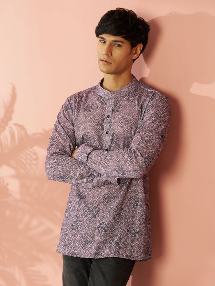 Men's Onion Pink Cotton Blend Ethnic Motif Printed Short Kurta