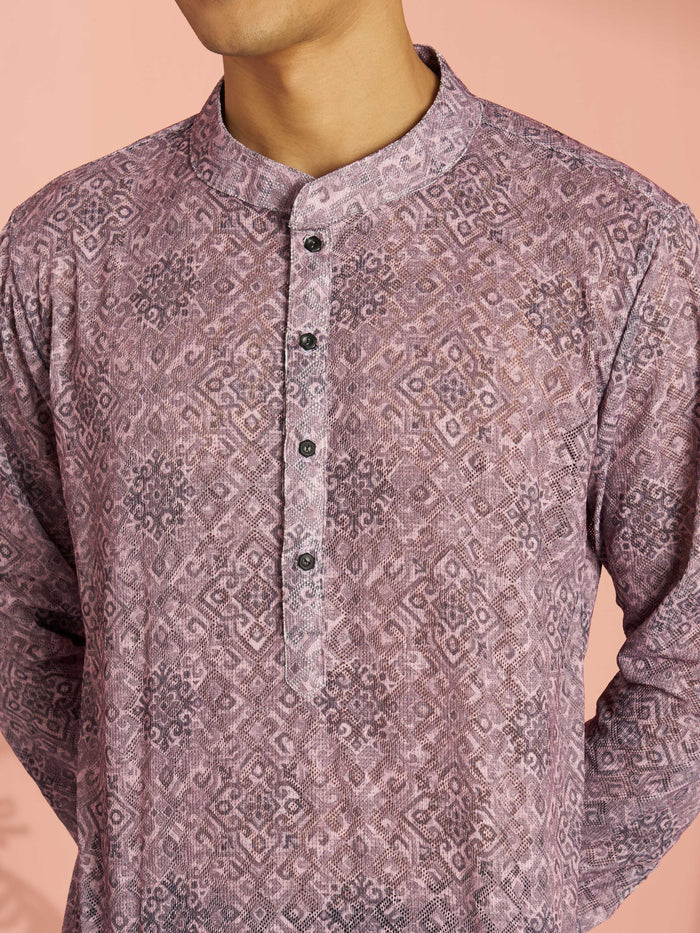 Men's Onion Pink Cotton Blend Ethnic Motif Printed Short Kurta