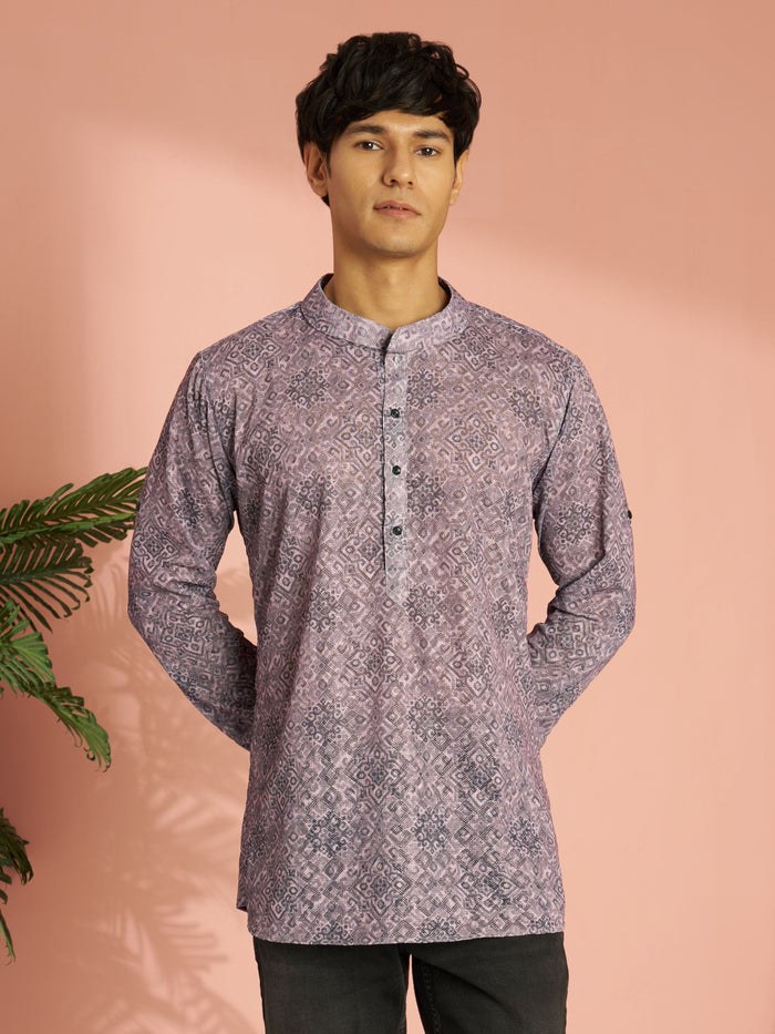 Men's Onion Pink Cotton Blend Ethnic Motif Printed Short Kurta