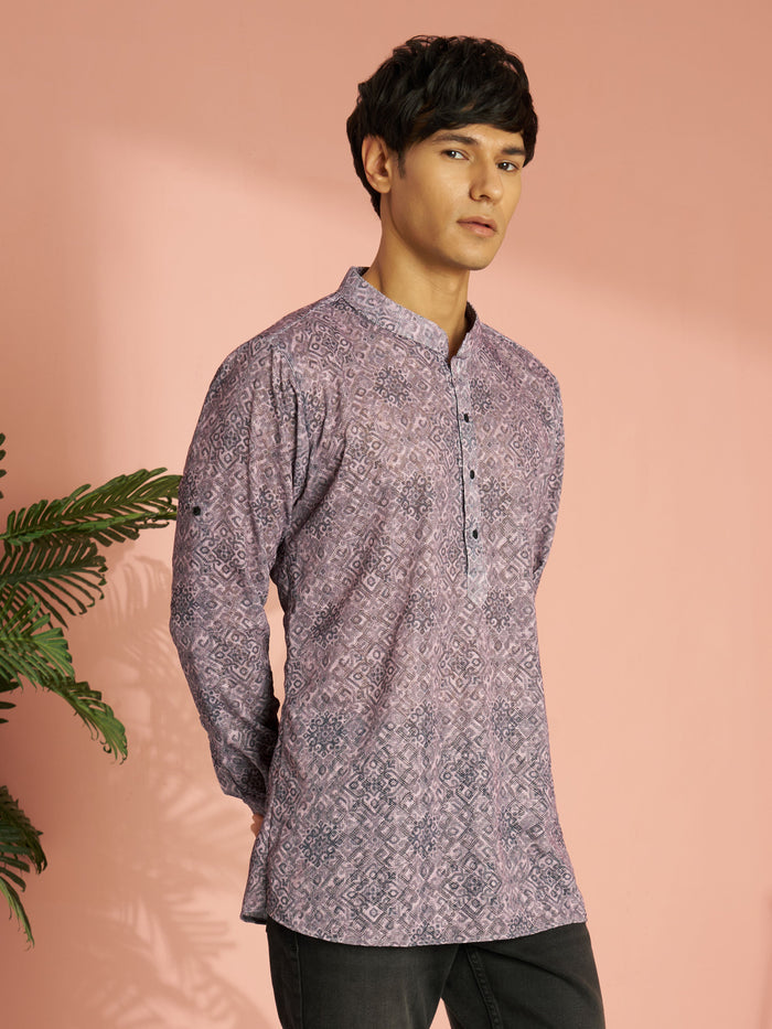 Men's Onion Pink Cotton Blend Ethnic Motif Printed Short Kurta
