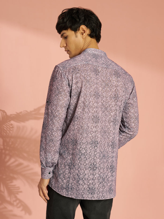 Men's Onion Pink Cotton Blend Ethnic Motif Printed Short Kurta