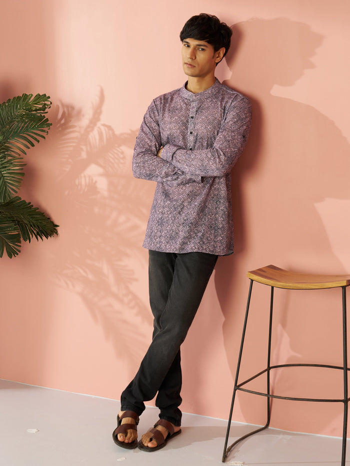 Men's Onion Pink Cotton Blend Ethnic Motif Printed Short Kurta