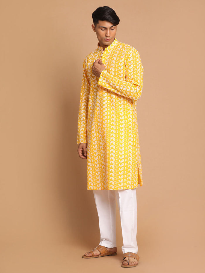 Men's Orange Pure Cotton Chikankari Kurta Pant