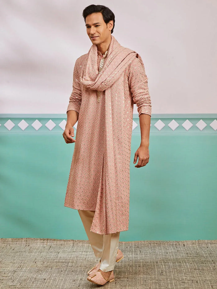 Men's Peach Chikankari Rayon Kurta with Cream Pyjama & Peach Embroidered Dupatta