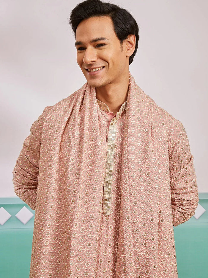 Men's Peach Chikankari Rayon Kurta with Cream Pyjama & Peach Embroidered Dupatta