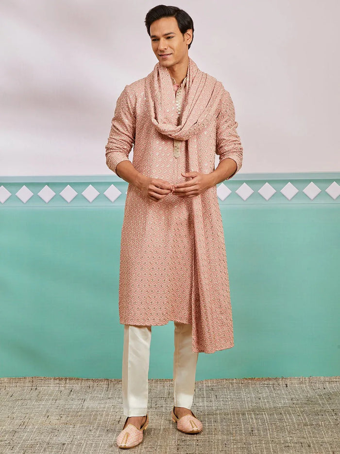 Men's Peach Chikankari Rayon Kurta with Cream Pyjama & Peach Embroidered Dupatta