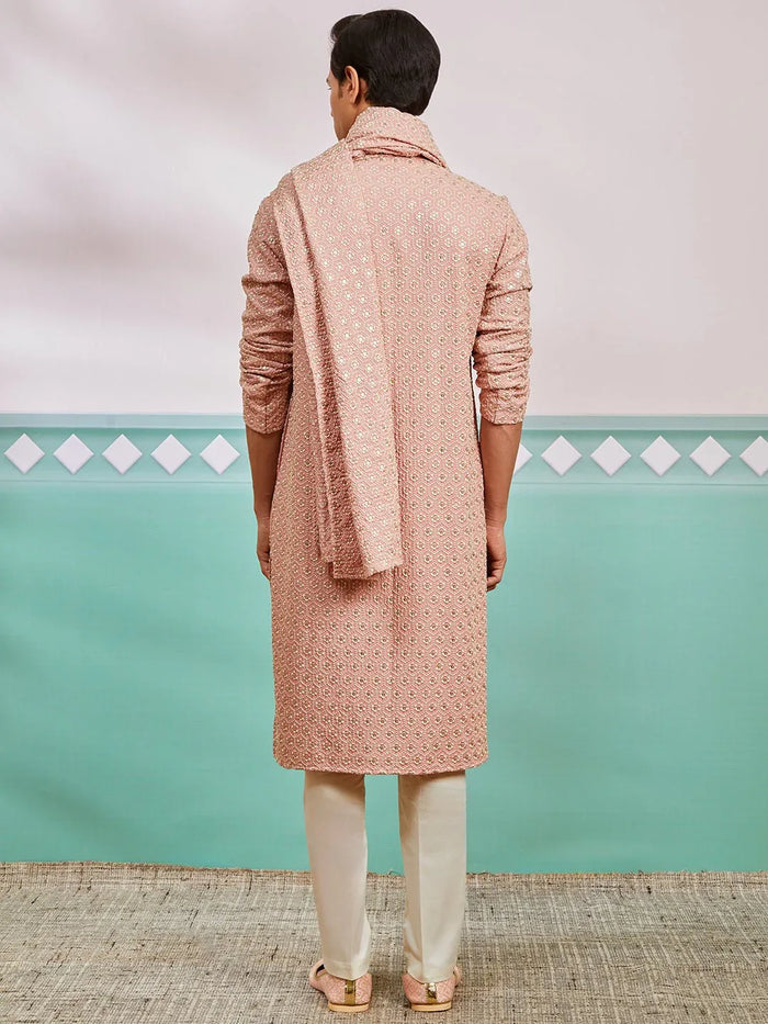 Men's Peach Chikankari Rayon Kurta with Cream Pyjama & Peach Embroidered Dupatta