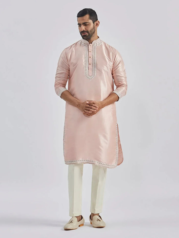 Men's Peach Hand Embroidered Silk Blend Kurta Pyjama Set