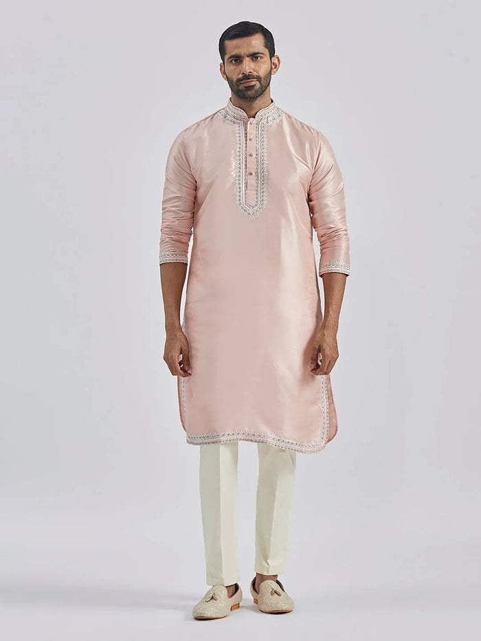 Men's Peach Hand Embroidered Silk Blend Kurta Pyjama Set
