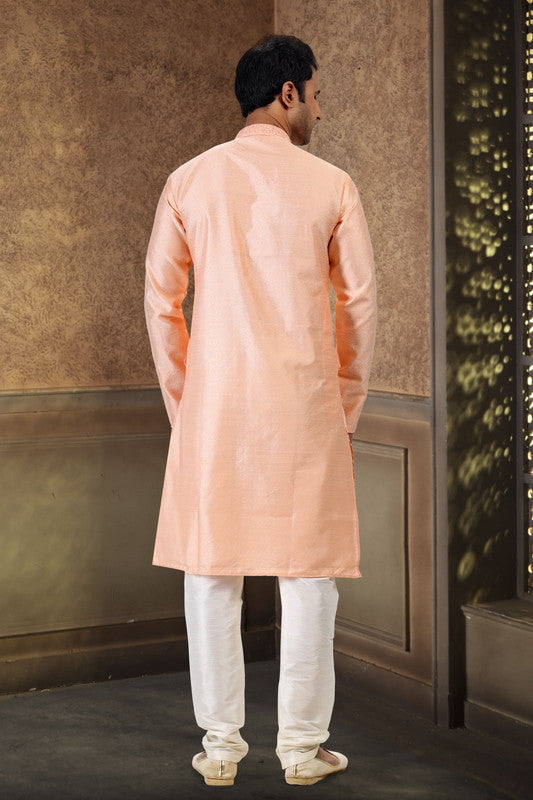 Men's Peach Jacquard Banarasi Silk Thread Work Kurta Pajama Set