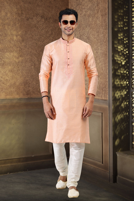 Men's Peach Jacquard Banarasi Silk Thread Work Kurta Pajama Set