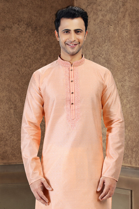 Men's Peach Jacquard Banarasi Silk Thread Work Kurta Pajama Set