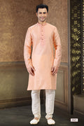 Men's Peach Jacquard Banarasi Silk Thread Work Kurta Pajama Set