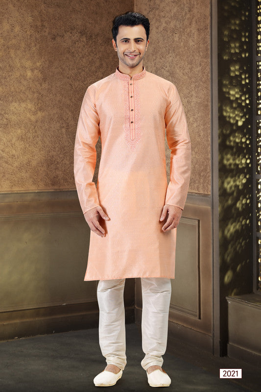 Men's Peach Jacquard Banarasi Silk Thread Work Kurta Pajama Set