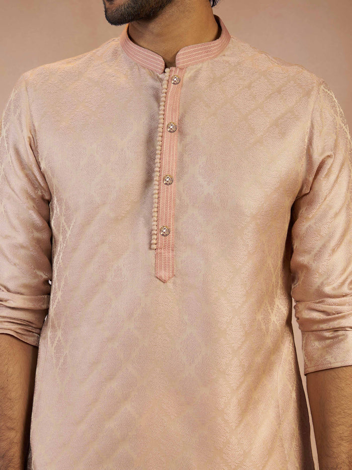 Men's Peach Jacquard Geometric Thread Embroidered Silk Blend Straight Kurta