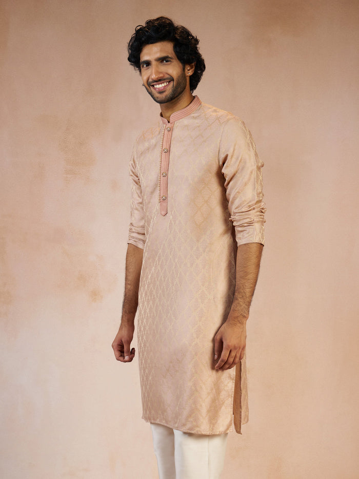 Men's Peach Jacquard Geometric Thread Embroidered Silk Blend Straight Kurta