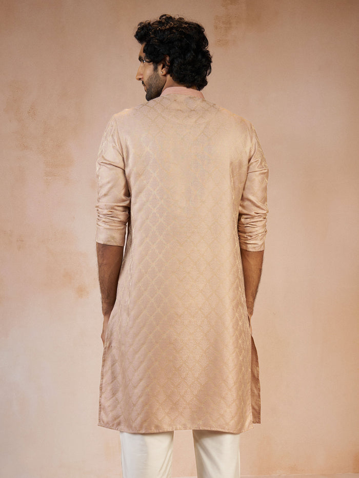 Men's Peach Jacquard Geometric Thread Embroidered Silk Blend Straight Kurta