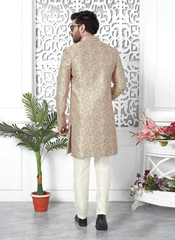 Men's Peach Jacquard Silk Embroidery Indo Western Set