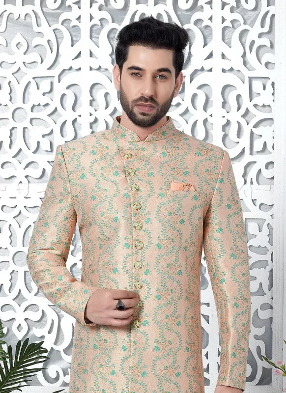 Men's Peach Jacquard Silk Embroidery Indo Western Set