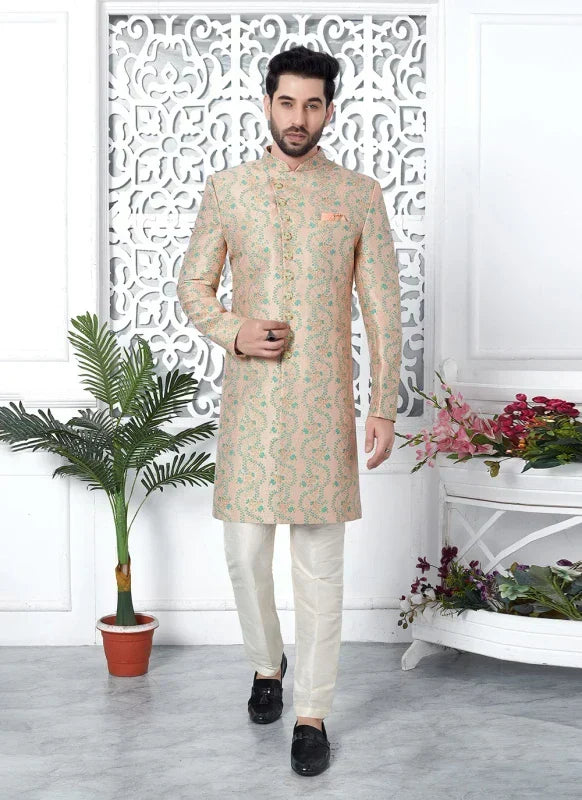 Men's Peach Jacquard Silk Embroidery Indo Western Set