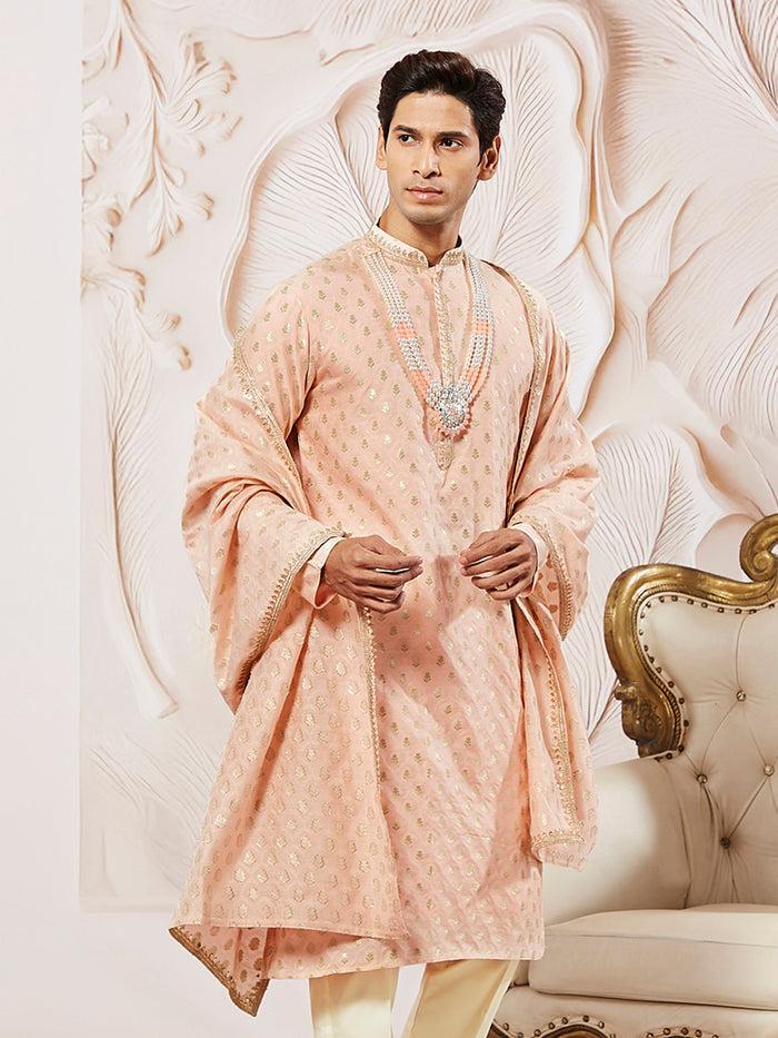 Men's Peach Jacquard Silk Kurta with Dupatta Set