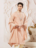 Men's Peach Jacquard Silk Kurta with Dupatta Set