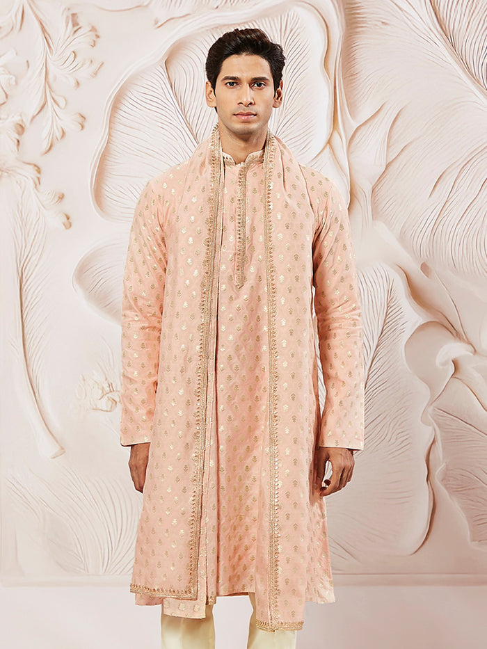 Men's Peach Jacquard Silk Kurta with Dupatta Set