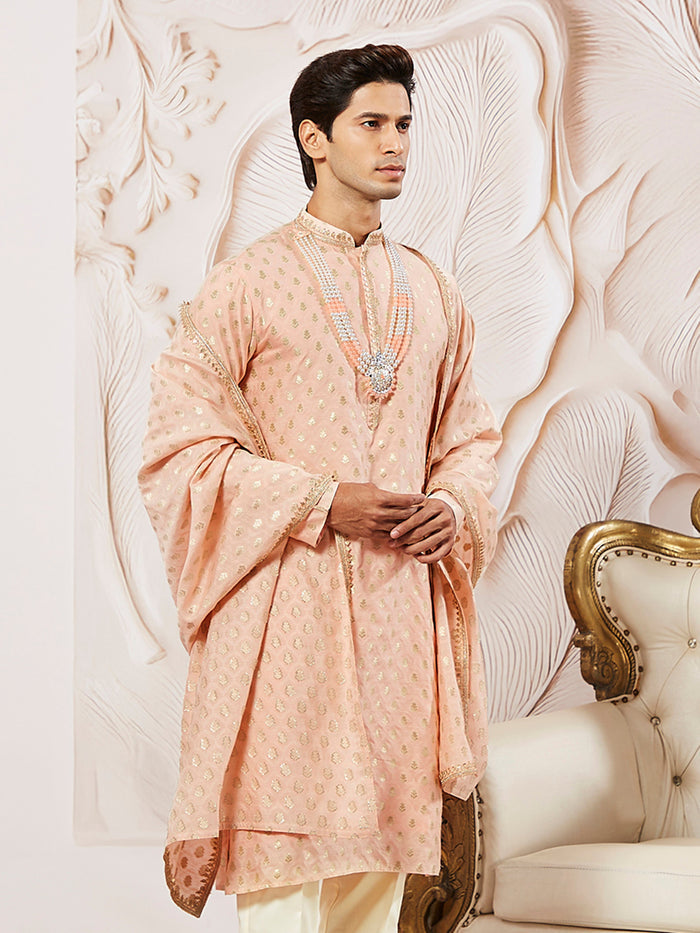 Men's Peach Jacquard Silk Kurta with Dupatta Set