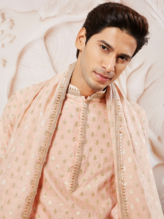 Men's Peach Jacquard Silk Kurta with Dupatta Set