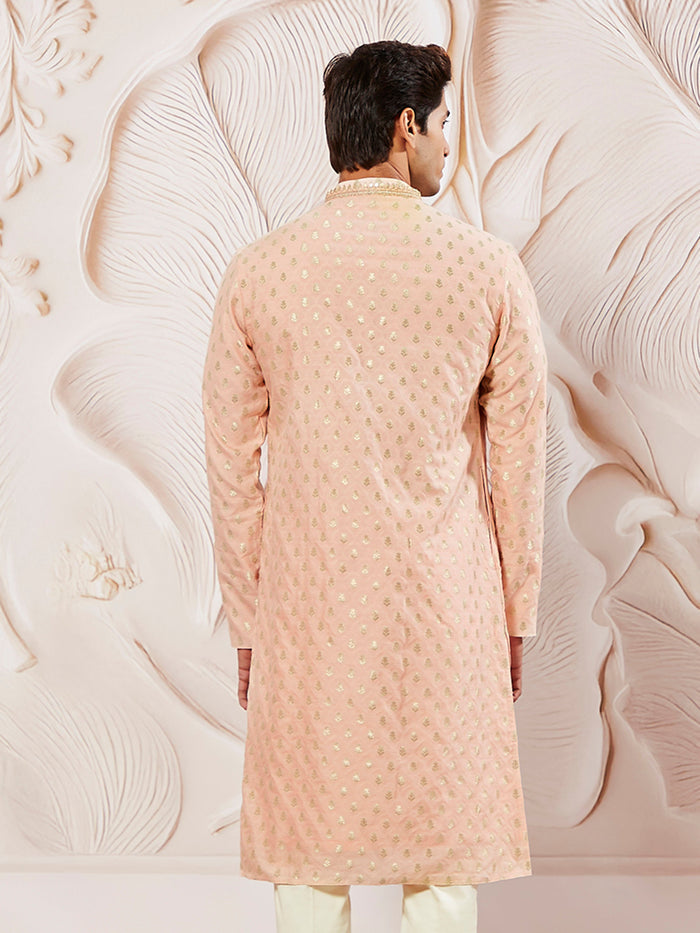 Men's Peach Jacquard Silk Kurta with Dupatta Set