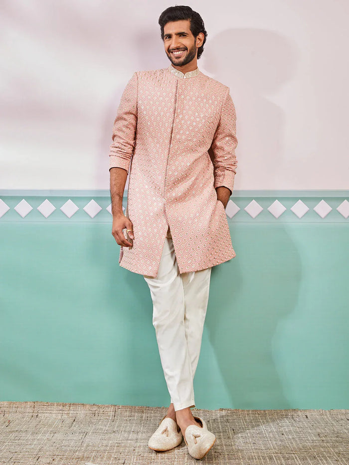 Men's Peach Rayon Indo Western And Pyjama Set